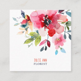 CARTE DE VISITE CARRÉ FLEURS DE COULEUR D'EAU, OMBRE ROUGE