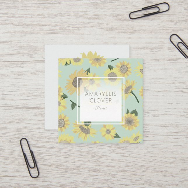 Carte De Visite Carré Fleurs peintes de tournesol jaune blanc (Devant/Arrière en situation)