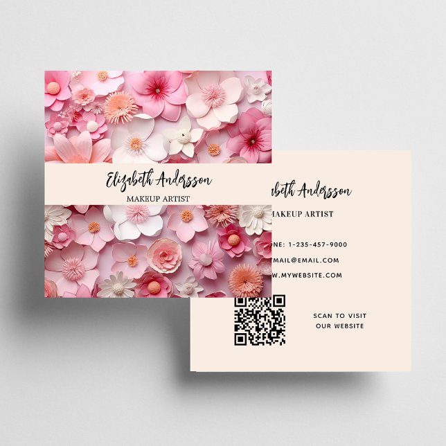 Carte De Visite Carré Fleurs rose crème photo logo QR (Créateur téléchargé)
