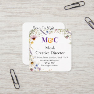 Carte De Visite Carré Fleurs sauvages Floral Botanique Aquarelle, Feuill