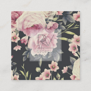 Carte De Visite Carré Fleurs Sombres Vintage sur Fond Noir Monogramme