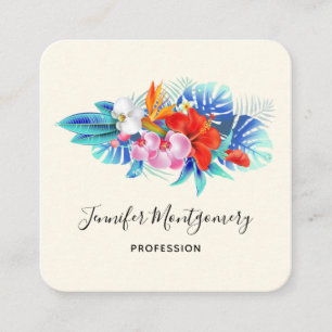 Carte De Visite Carré Fleurs tropicales exotiques - Rose & Aqua