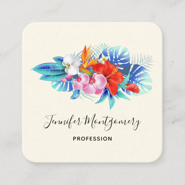 Carte De Visite Carré Fleurs tropicales exotiques - Rose & Aqua (Devant)