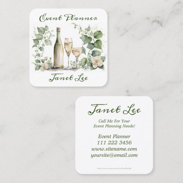 Carte De Visite Carré Floral Avec Planificateur D'Événements Vins (Devant / Derrière)