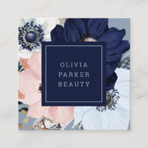 Carte De Visite Carré Floral bleu marine et rose pâle