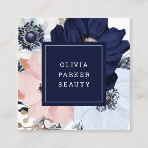 Carte De Visite Carré Floral bleu marine et rose pâle