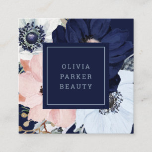 Carte De Visite Carré Floral bleu marine et rose pâle