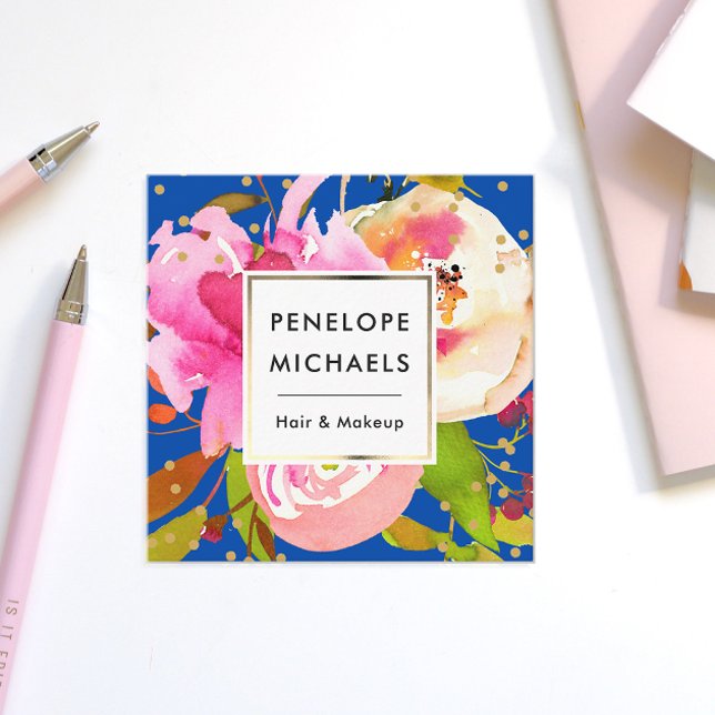 Carte De Visite Carré Floral d'aquarelle bleu vibre avec Confetti (Créateur téléchargé)