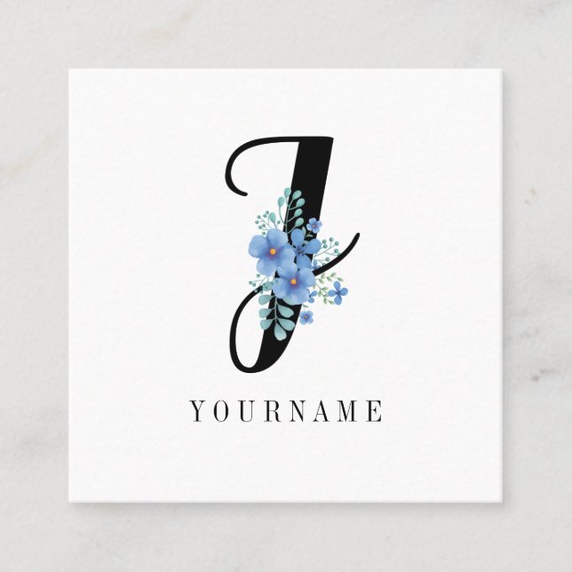 Carte De Visite Carré Floral Monogramme J Fleur bleu éclate (Devant)