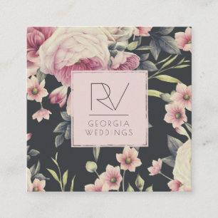 Carte De Visite Carré Floral noir vintage sur noir   Monogramme