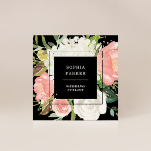 Carte De Visite Carré Floral rose noir rougissant avec Faux Gold