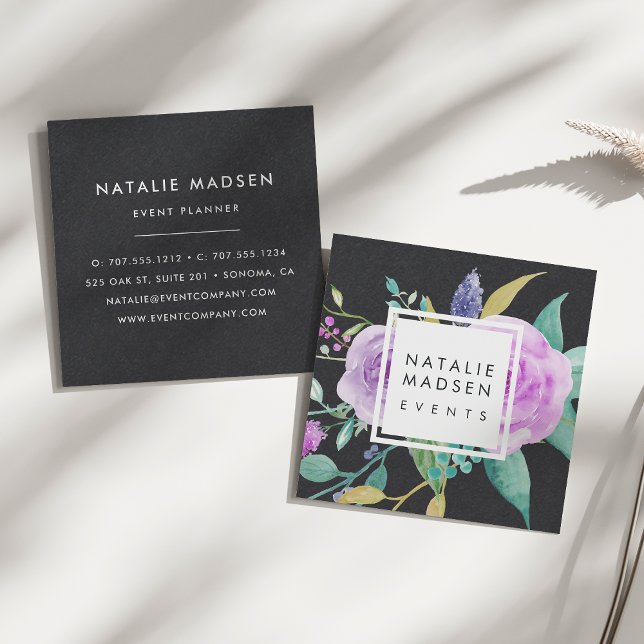 Carte De Visite Carré Flore violette peinte | Noir (Créateur téléchargé)