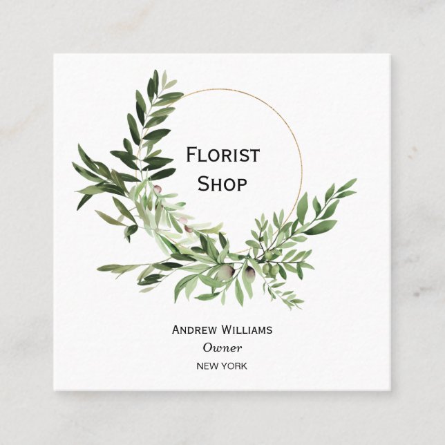 Carte De Visite Carré Floriste Feuille d'olive botanique de verdure simp (Devant)