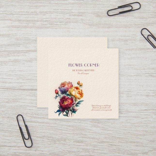 Carte De Visite Carré Floriste Shop Peonies (Devant/Arrière en situation)