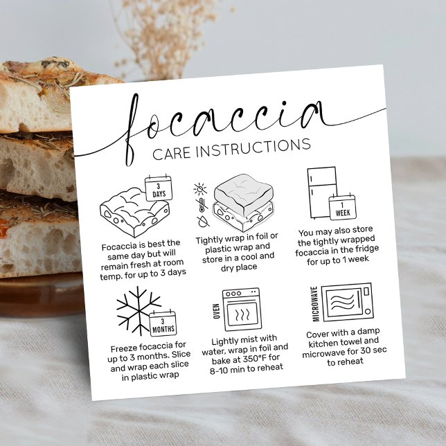 Carte De Visite Carré Focaccia Guide d'entretien du pain Logo minimum Bo (Minimalist elegant focaccia bread care instructions cards with care icons, stylish calligraphy font)