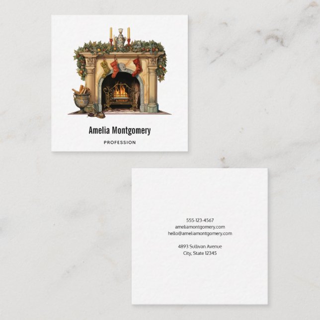 Carte De Visite Carré Foyer victorien cosy Noël (Devant / Derrière)