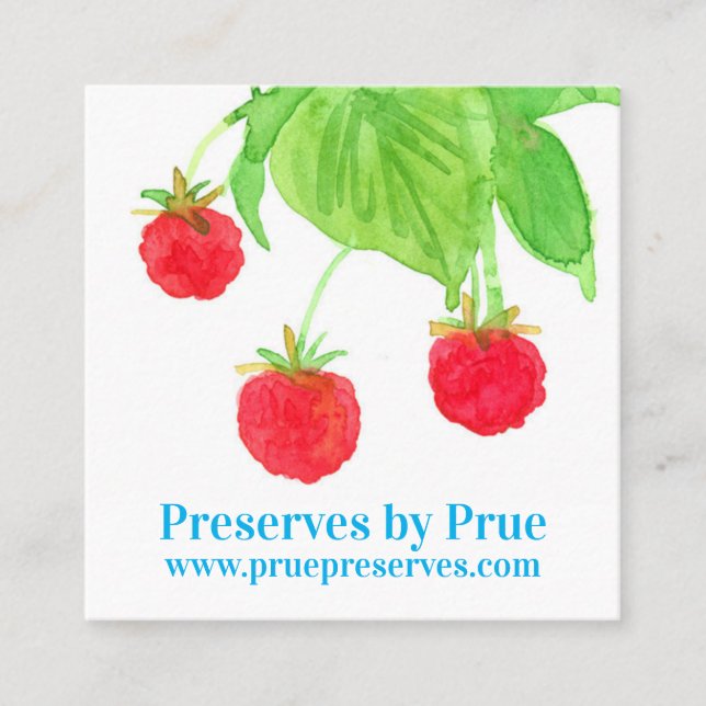 Carte De Visite Carré Framboises Fruits frais Aquarelle Rouge Vert (Devant)