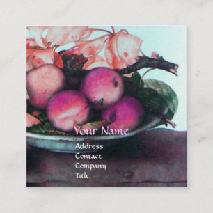 Carte De Visite Carré FRUITS DE SAISON Pêches, Prunes, Feuille Gris Rose