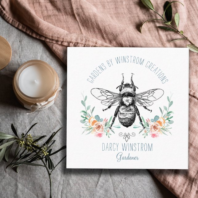 Carte De Visite Carré Gardener Main Dessinée Miel Abeille Et Floral (Créateur téléchargé)