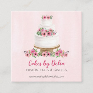 Carte De Visite Carré Gâteau Mariage rose Aquarelle