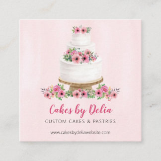 Carte De Visite Carré Gâteau Mariage rose Aquarelle