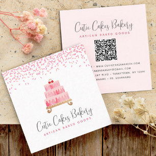 Carte De Visite Carré Gâteau QR Code Blush rose arrosé Pâtisserie Chef C