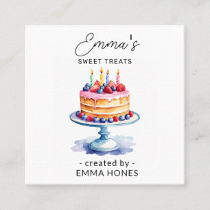 Carte De Visite Carré Gâteau rose et bleu Anniversaire moderne aquarelle