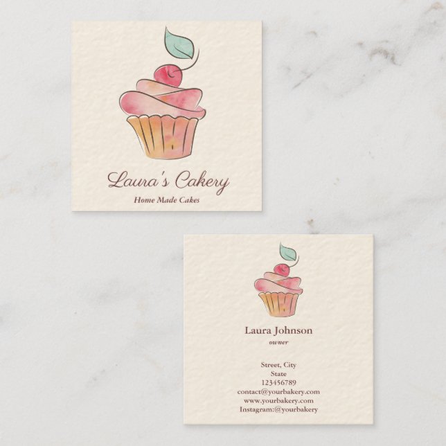 Carte De Visite Carré Gâteaux Sucres Cupcake Boulangerie Aquarelle Squ V (Devant / Derrière)