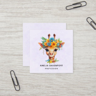 Carte De Visite Carré Giraffe mignonne à couronne florale