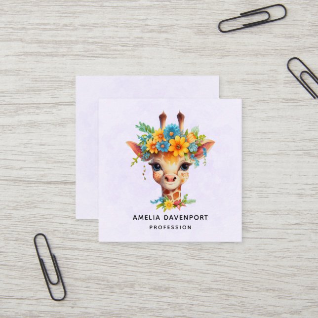 Carte De Visite Carré Giraffe mignonne à couronne florale (Devant/Arrière en situation)