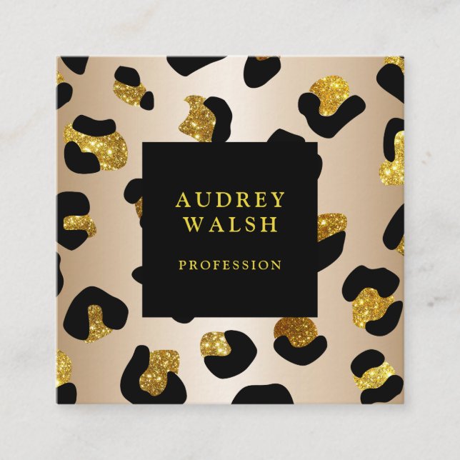 Carte De Visite Carré Girly Glittery Faux Gold Empreinte de léopard Luxe (Devant)