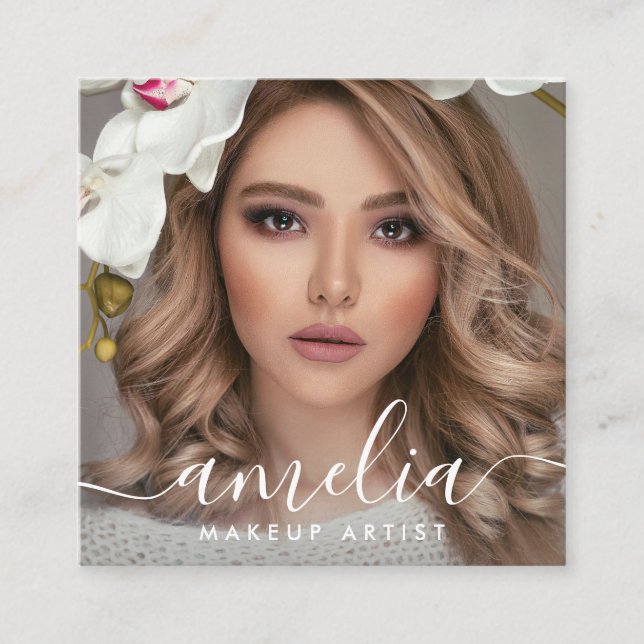 Carte De Visite Carré Girly Script QR Code Photo  (Devant)