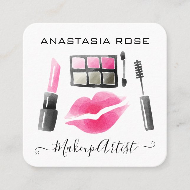 Carte De Visite Carré Glam Blanc & Pink Lipstick Artiste maquillage d'om (Devant)