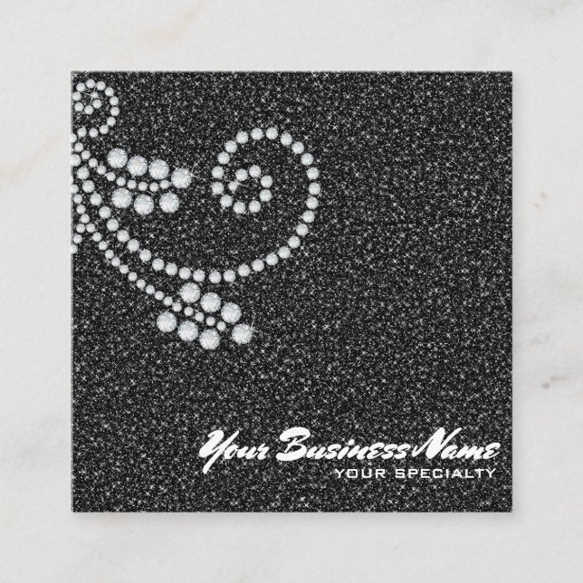 Carte De Visite Carré ~ Glam Scroll Diamonds Black Parties scintillant B (Devant)