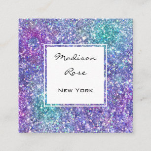 Carte De Visite Carré Glamour Tendance Violet, Paillettes Bleues & Verte