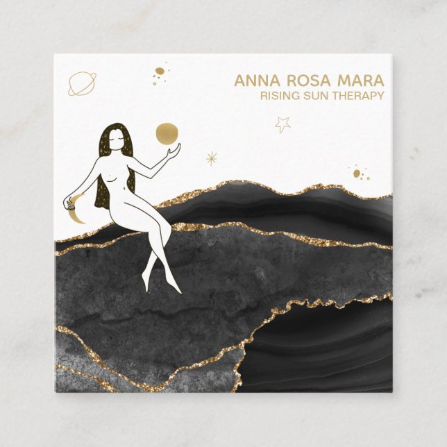 Carte De Visite Carré *~* Goddess Celestial Black Agate Gold Parties sci (Devant)