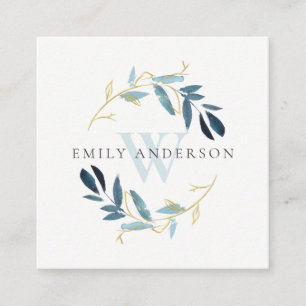 CARTE DE VISITE CARRÉ GOLD AQUA BLUE FOLIAGE INITIAL WREATH PROFESSIONAL