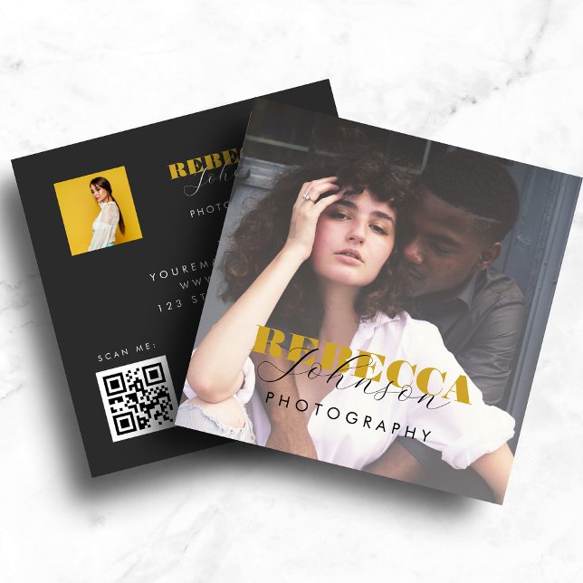 Carte De Visite Carré Gold Black Bold Script 2 Photo Minimal QR Code (Créateur téléchargé)