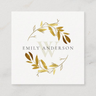 CARTE DE VISITE CARRÉ GOLD JAUNE FOLIAGE INITIAL WREATH PROFESSIONAL