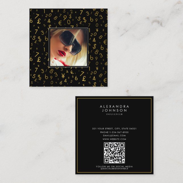 Carte De Visite Carré Gold Luxe Numéro Devise Influencer Photo (Devant / Derrière)
