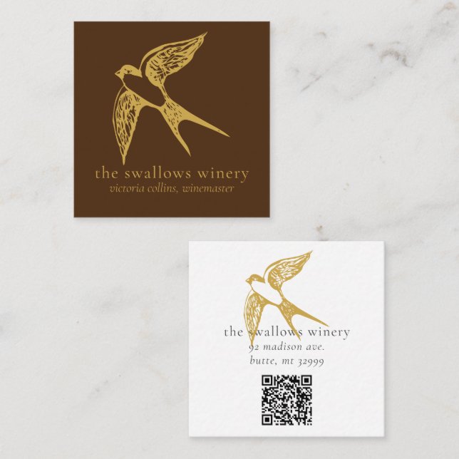 Carte De Visite Carré Gold Swallow QR Code Carré Brown Biz Card (Devant / Derrière)