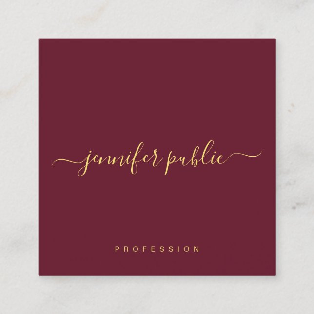 Carte De Visite Carré Gold Text Script Name Glossy Luxury Burgundy Red (Devant)