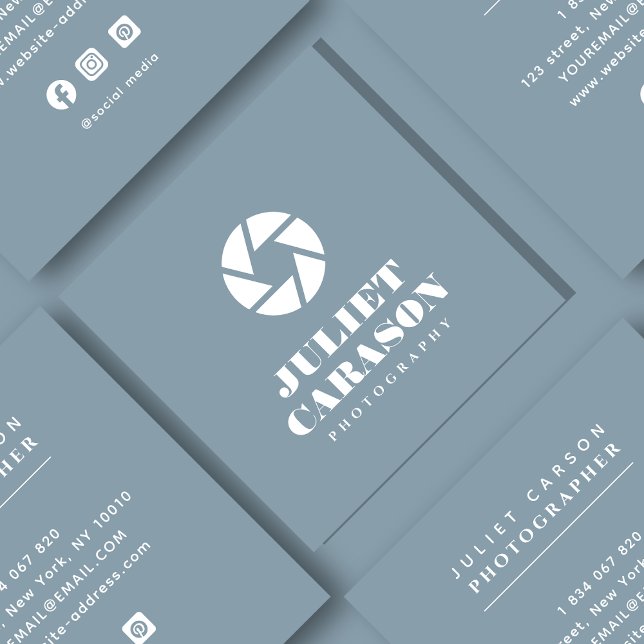 Carte De Visite Carré Gras Script Photographie Dusty Blue (Créateur téléchargé)