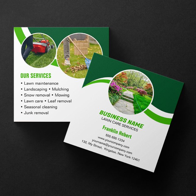 Carte De Visite Carré Green White Pelouse Care Landscaping Mowing 3 Phot (Créateur téléchargé)