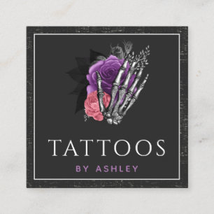 Carte De Visite Carré Grunge Skeleton Main Floral Rose Tattoo Artiste