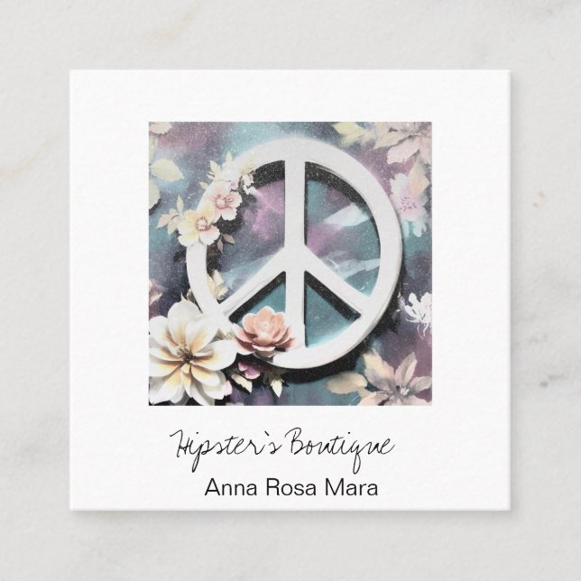 Carte De Visite Carré *~* Grunge White Peace Signes Fleurs Boho QR AP57 (Devant)