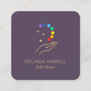 Carte De Visite Carré Guérison Logo Main Reiki, Massage, Wellness Purple