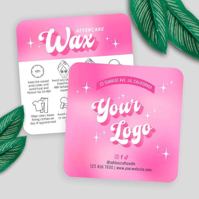 Carte De Visite Carré Guide d'après-soins Fille rose Super tendance (Trendy waxing care cards with icons, featuring girly pink design, care icons & retro fonts)