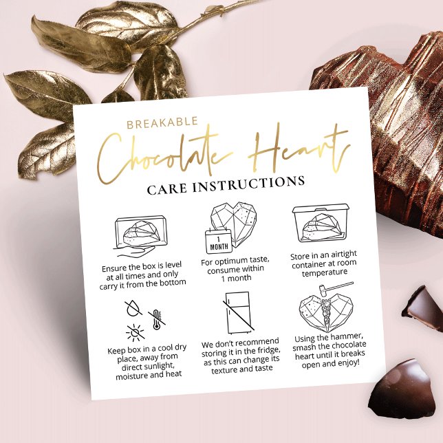 Carte De Visite Carré Guide de soins cardiaques au chocolat cassable bla (Make luxurious Breakable Chocolate Heart Care Cards with this white and faux gold card design)