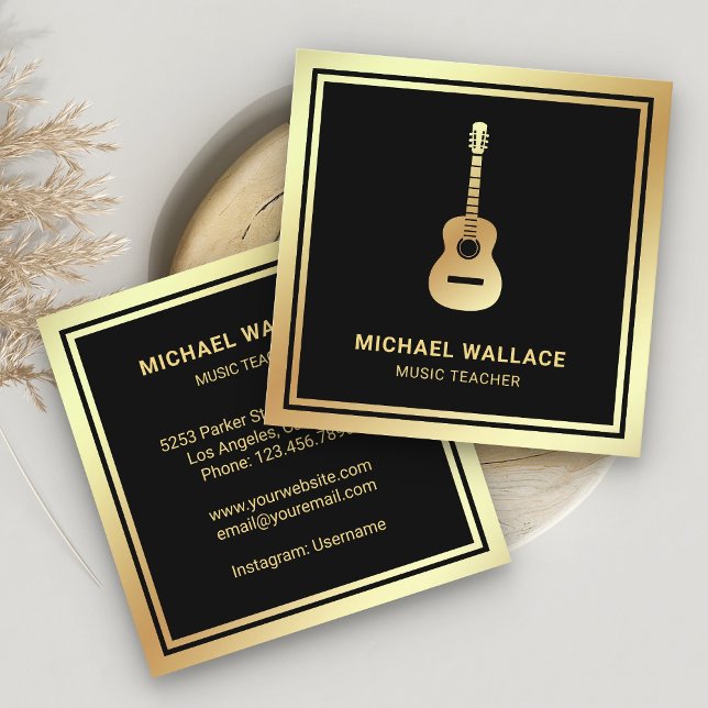 Carte De Visite Carré Guitariste de la guitare Black Gold Foil (Créateur téléchargé)